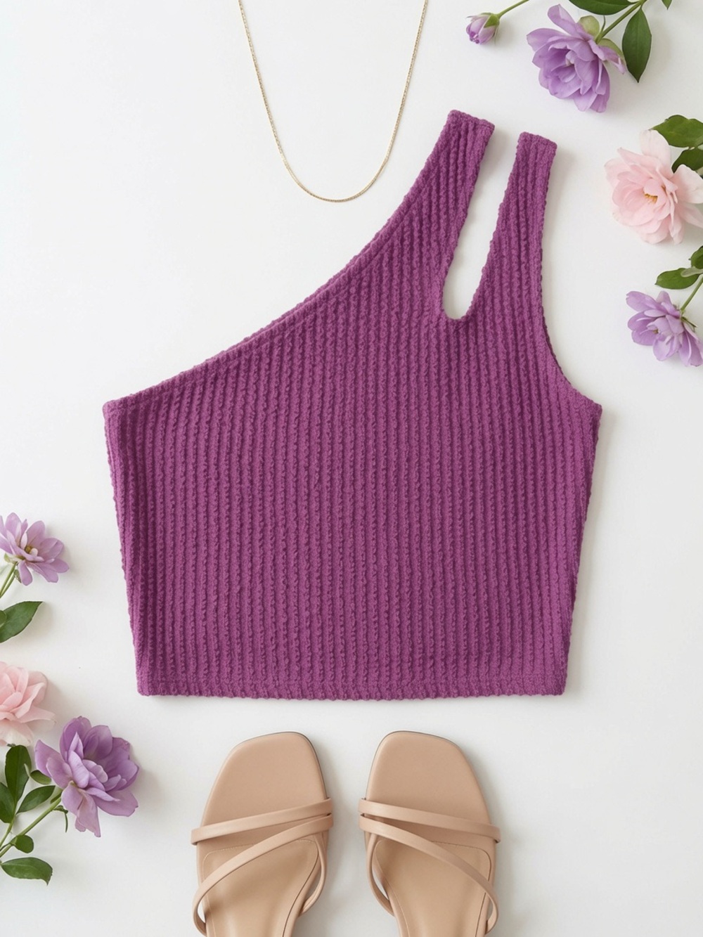 One-Shoulder Ribbed Crop Top in Magenta